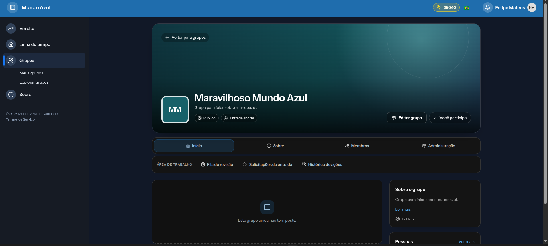 imagem mostra rascunho da feature de grupos no mundoazul.